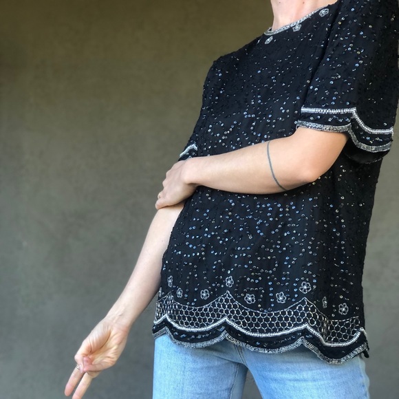 Bling is the New Normal! vintage silk bead& sequin top - Picture 2 of 11